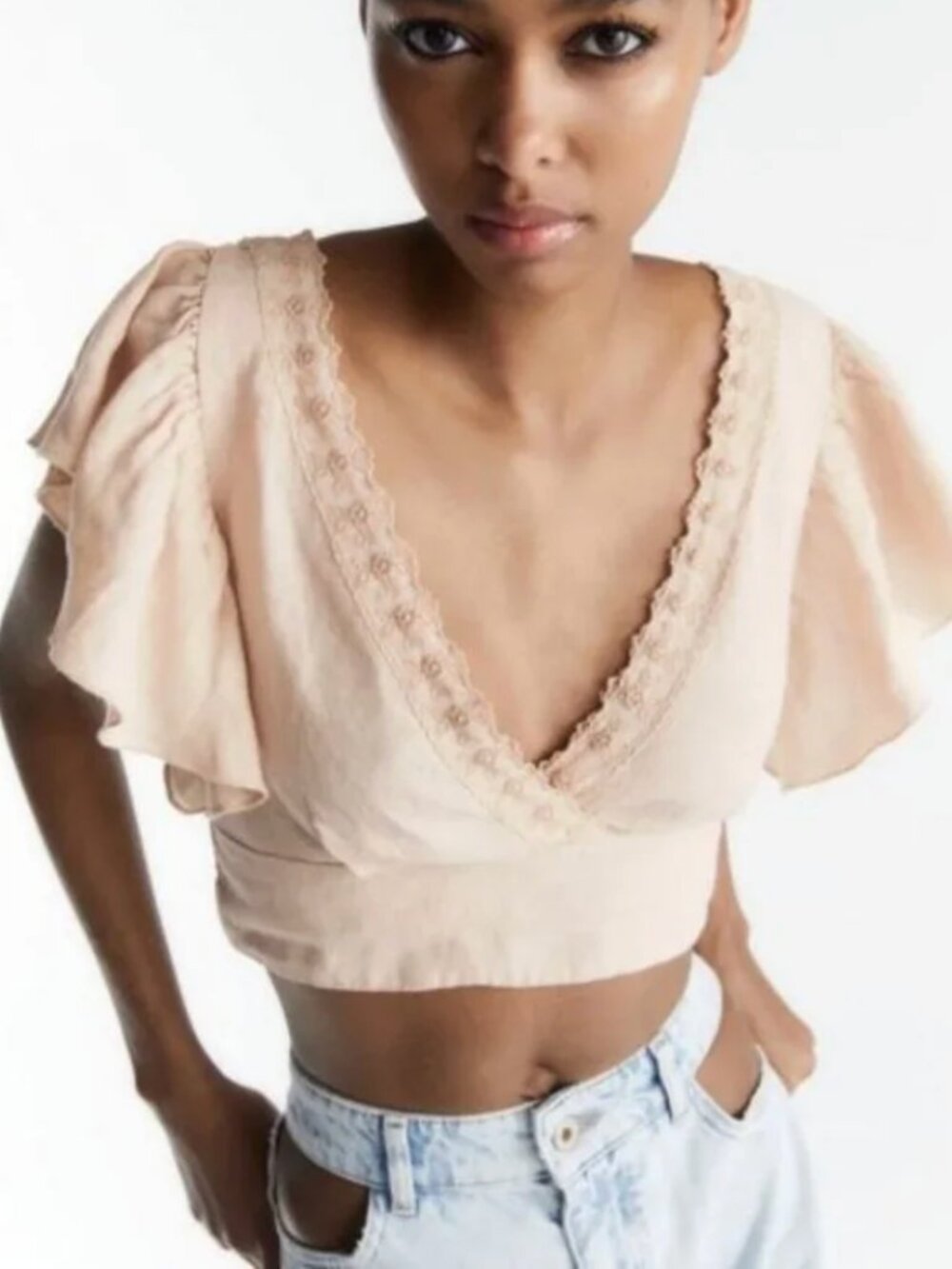NWT Zara | European Linen V-Neck Crop Top Flutter Sleeves Beige | Size Medium